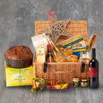 Christmas hamper with panettone, wine, prosecco and italian food